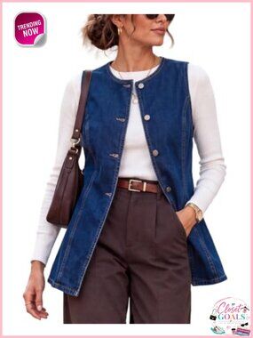 Long Denim Vest Waistcoat Sleeveless Button-Up Back Slit Jean Vest